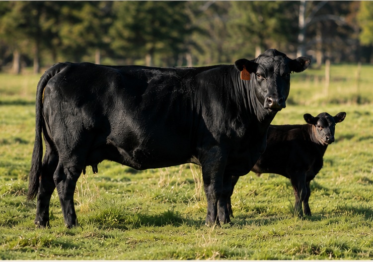 Angus cow and calf in pasture